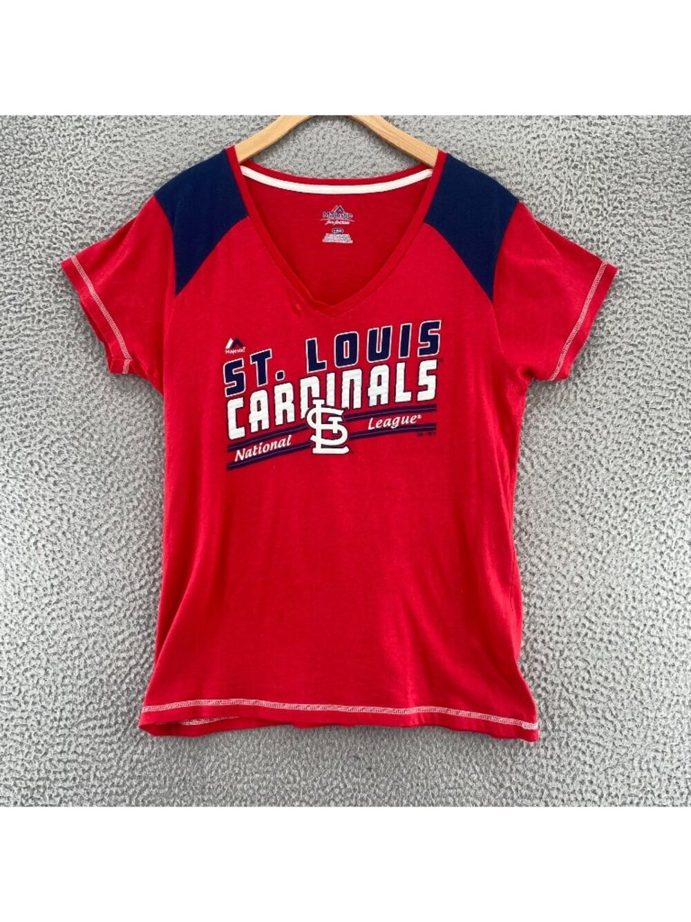 St Louis Cardinals Shirt Womens Large Red Short Sleeve V Neck Majestic Baseball